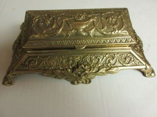 Ornate Antique Vintage Brass Hinged Lidded Trinket Stamp Box 5 Compartments 9 "
