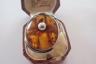 Vintage Sterling Silver Real Amber Large Ring Size P