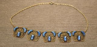 Vintage Art Deco Blue Rhinestone Filigree Necklace