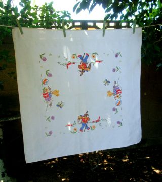 Vintage Rabbits Square Tablecloth - White Blue Red Yellow Green Table Linen