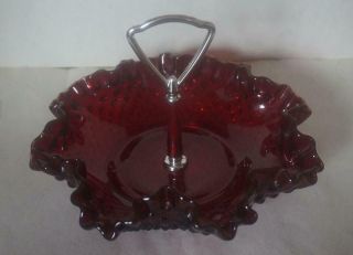Vtg Fenton Ruby Red Hobnail Bowl Candy Dish Metal Handle