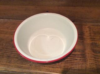 Vintage 10” White Enamelware Bowl/pan With Red Rim,  Family Farmhouse Piece