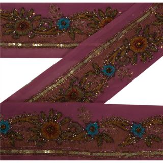 Sanskriti Vintage Decor Sari Border Hand Beaded Craft Sewing Pink Sequins Lace
