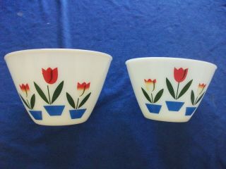 Fire King Vintage Mixing Nesting Bowls - Ivory With Tulips - 6.  5 " And 7.  5 " Bowl