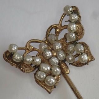 Vintage Miriam Haskell Gold Gilt Baroque Pearl Butterfly Flower Stick Pin Brooch
