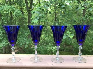 Four Vintage Cobalt Blue Wine Glasses Clear Stemmed Fluted