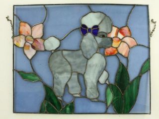 Vintage Hand Crafted Stained Glass Gray Poodle Dog & Slag Glass Flowers 15 X 19