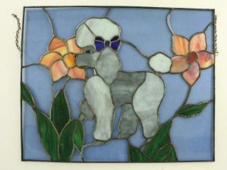 Vintage Hand Crafted Stained Glass Gray POODLE DOG & Slag Glass Flowers 15 X 19 4