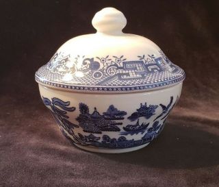 Vintage Churchill Blue Willow Sugar Bowl With Lid Made In England