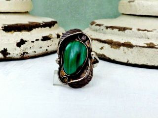 Navajo Sterling Silver Green Vintage Native American Feather Blossom Sz 9 Ring