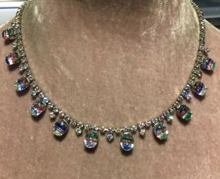 Stunning Vintage Rainbow Iris Glass Pendant Drops Necklace