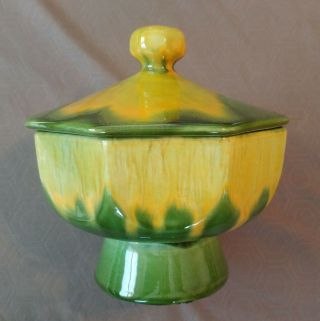 Vintage Haeger Pottery Yellow Drip Green Glaze Octagonal Candy Dish W/ Lid 741 - S