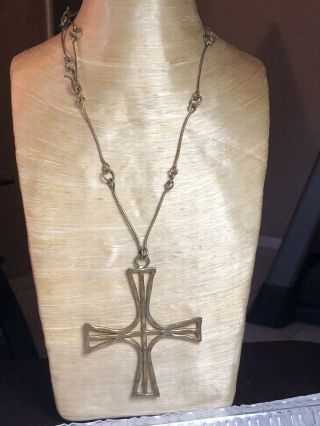Vtg Modernist Brutalist Long Large Cross Medallion Necklace Brass Runway Ooak