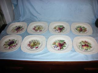 8 Vintage Alfred Meakin Square Embossed Rim Fruits Motif Luncheon/salad Plates