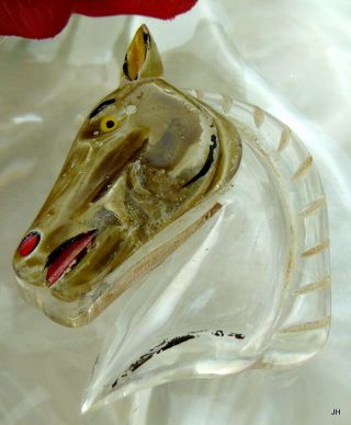 Vintage Carved Painted Lucite Horse Head Equestrian Figural Pin Brooch