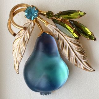 Vintage Austrian Frosted Crystal Blue Pear Rhinestone Brooch Pin Made In Austria