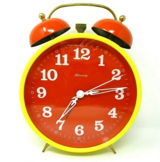 Vintage Blessing Bell Alarm Clock Wind Up Large 11 " West Germany Yellow Orange