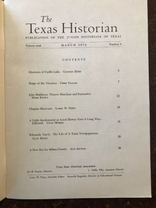 Texas Historian March 1972 Caddo Lake,  La Grange,  Arlington Downs,  Matagorda Co 2
