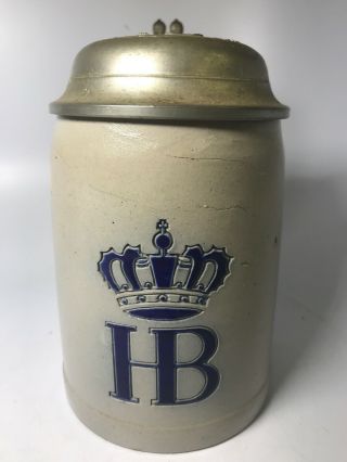 Vintage Hb German Stoneware Lidded Stein 0.  5 Liters Crown Blue