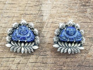 Vintage Chinese Lapis Lazuli Buddha Silver Lotus Earrings Clip
