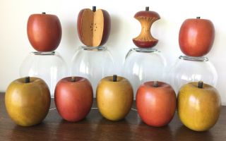 (9) Vintage Carved Wood Red & Yellow Apples — Faux Fake Fruit Eaten Core
