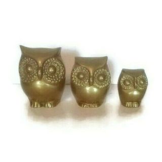 Vintage Brass Owl Paperweights,  Set Of 3,  Owl Family,  Collectible Brass