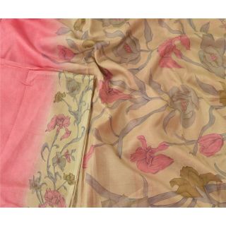 Sanskriti Vintage Pink Saree Pure Silk Printed Woven Sari Craft 5 Yard Fabric