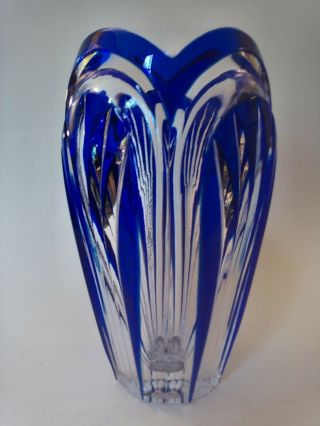 Pretty Vintage Bohemian Cut To Clear Art Glass Vase Cobalt Blue,  7 " Tall