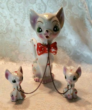 Vintage Polka Dot Mother Cat & Kittens On Chain Leashes Made In Japan