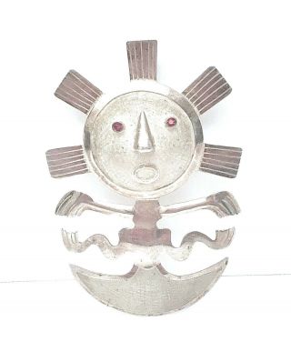 Vintage Inca Sun God 900 Silver Tribal Mask Large Pendant Brooch Pin Ecuador