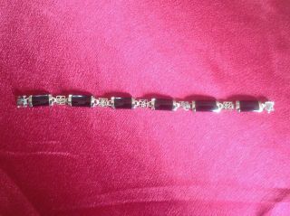 . 925 Vintage Sterling Silver Black Onyx Rectangular Stone Bracelet Asian Chars