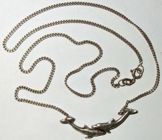 Vintage Kabana 16 - 1/2 " Sterling Silver Necklace W/twin Dolphin Porpoise Pendant