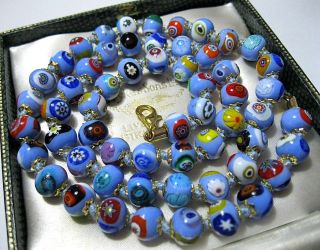 Lovely Blue Millefiori Venetian Murano Glass Bead Long Vintage Style Necklace