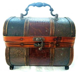 Vintage Wood & Leather Trinket Jewelry Box Treasure Chest Ornate Handmade