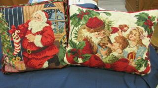 2 Vintage Santa Claus Needlepoint Pillow Red Velvet Backing