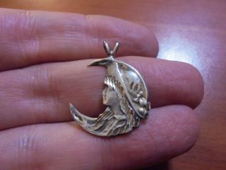 Vtg Sterling Silver Art Nouveau Girl In Crescent Moon Pendant 1.  7 Grams