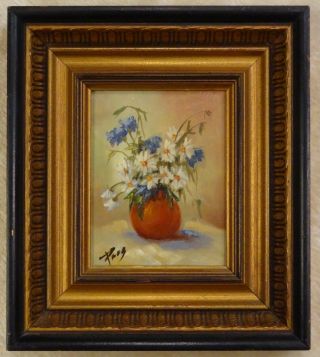 Vintage Signed Flowers In Vase 5 X 4 Oil / Acrylic Paint Painting On Wood / Pres