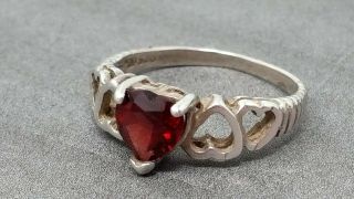 Vintage Sterling Silver Garnet Heart Band Ring Size 6