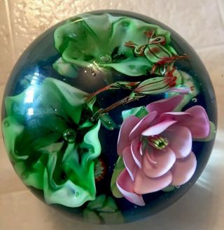 Vintage Art Glass Large Round Floral & Frogs Paperweight 70’s