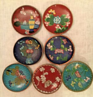 7 Pc.  Vintage Chinese Cloisonne Coasters Enamel Ashtrays Trinket Dishes Plates