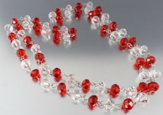 Vintage Ruby Red Clear Crystal Glass Bead Long Necklace