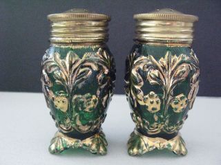 Vintage Pair Beaumont Flora Salt & Pepper Shakers Emerald Green W/ Heavy Gold
