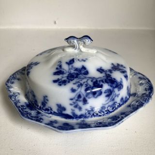 Flow Blue Janette Covered Butter Dish Grindley Repaired Handle Vtg English China