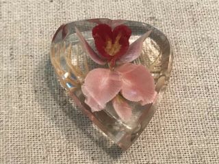 Vintage Red/ Pink Flower Reveresed Carved Clear Lucite Heart Pin Brooch