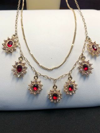 Vintage Red Pale Pink 2 Strand Necklace Gold Flower Charm Delicate Layered 16,  ”