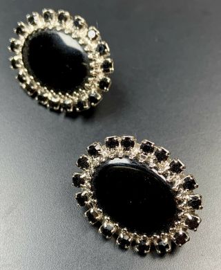 Judy Lee Signed Vintage Clip On Earrings Black Lucite Black Faceted Rhinestones