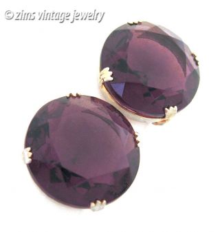 Vintage Old Hattie Carnegie Signed Large Purple Glass Gold Button Earrings Clip