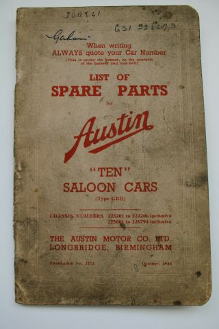 Austin Ten,  10,  Saloon,  Vintage 1944,  Type Gro List Of Spare Parts