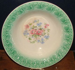 Vintage 9.  25 " Floral Serving Bowl With Pink & Blue Flowers And Green Rim