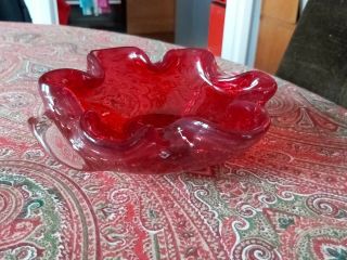 Vintage Murano Art Glass Control Bubble Red Clover Shaped Bowl Dish Collectible